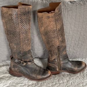 BED STU Women's Biltmore Boot,Black brown Leather perforated tall boots sz 6.5-7
